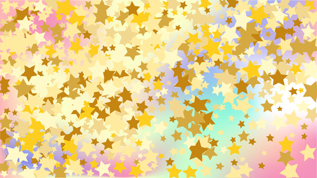  Random Falling Golden Stars on Honologram Background. Magic Flying Stars Confetti. Postcard, Packaging, Textile Print, Banner, Greeting Card, Christmas and New Year card. Vector Illustration.のイラスト素材