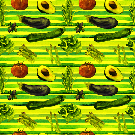 Vegan Seamless Pattern with Stripes. 
 Hand Drawn Watercolor Vegetables. 
Repeatable Pattern with...