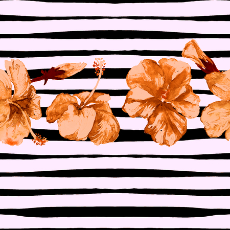 Hibiscus Pattern. Summer Beach Background. Watercolor Seamless Pattern. Hand Painted Tropic Summer Motif with Hibiscus.
 Background Texture, Wrapping Paper, Textile.
 Summer Beach Swimwear Design.の写真素材