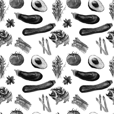 Vegetables Seamless Pattern.
 Repeatable Pattern with Healthy Food. Hand Drawn Watercolor Vegetables.  Suitable for Vegan Menu, Farmers Market or Advertising Sign Background.の写真素材