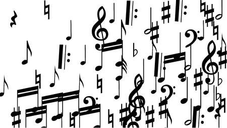 Musical Notes on White Background.  Many Random Falling Notes, Bass and Treble Clef. Vector Musical Symbols.  Jazz Background. Abstract White and Black Vector Background.のイラスト素材