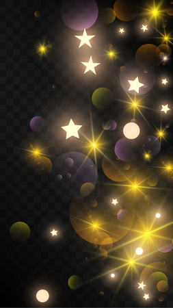Many Random Falling Golden Stars Confetti on Dark Background. Vector illustration. Invitation Background. Banner, Greeting Card,  New Year and Christmas card, Postcard, Packaging, Textile Print.のイラスト素材