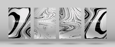 Set of  Covers with Silver Marble Texture. Ink Splash. Colorful Fluid. Marble Textured Cool Cover, Party Flyers, Business Card, Poster Design, Futurist Title Page.のイラスト素材