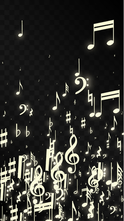 Miracle Musical Notes on Black Background. Vector Luminous Musical Symbols. 
 Many Random Falling Notes, Bass and Treble Clef.
 Magic Jazz Background.  Abstract Black and White Vector Illustration.のイラスト素材
