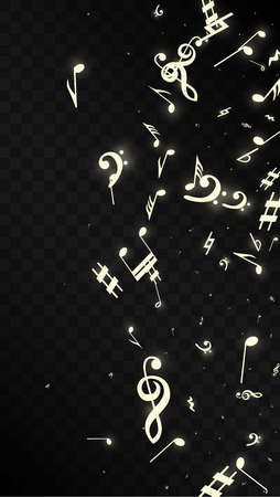 Magic Musical Notes on Black Background. Vector Luminous Musical Symbols. 
 Many Random Falling Notes, Bass and Treble Clef.
 Jazz Background.  Abstract Black and White Vector Illustration.のイラスト素材