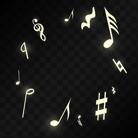 Golden Musical Notes on Black Background. Vector Luminous Musical Symbols. 
 Many Random Falling Notes, Bass and Treble Clef.
 Magic Jazz Background.  Abstract Black and White Vector Illustration.のイラスト素材