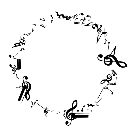 Black Musical Notes on White Background.  Many Random Falling Notes, Bass and Treble Clef. Vector Musical Symbols.  Abstract White and Black Vector Background. Jazz Background.のイラスト素材