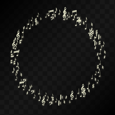 Magic Musical Notes on Black Background. Vector Luminous Musical Symbols. 
 Many Random Falling Notes, Bass and Treble Clef.
 Jazz Background.  Abstract Black and White Vector Illustration.のイラスト素材