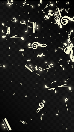 Miracle Musical Notes on Black Background. Vector Luminous Musical Symbols. 
 Many Random Falling Notes, Bass and Treble Clef.
 Jazz Background.  Abstract Black and White Vector Illustration.のイラスト素材