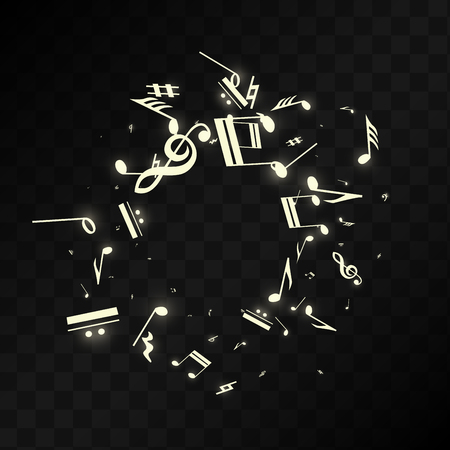 Golden Musical Notes on Black Background. Vector Luminous Musical Symbols. 
 Many Random Falling Notes, Bass and Treble Clef.
 Jazz Background.  Abstract Black and White Vector Illustration.のイラスト素材
