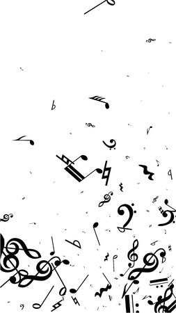 Musical Notes on White Background.  Vertical Orientation. Many Random Falling Bass, Treble Clef and Notes. Vector Musical Symbols.  Jazz Background. Abstract White and Black Vector Background.のイラスト素材