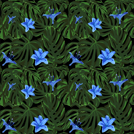 Tropical Print. Jungle Seamless Pattern. Vector Tropic Summer Motif with Hawaiian Flowers. Background Texture, Wrapping Paper, Textile, Fabric or Wallpaper.のイラスト素材