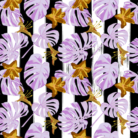 Tropical Print. Jungle Seamless Pattern. Vector Illustration of Tropical Leaves and Flowers. Background Texture, Wrapping Paper, Textile, Fabric or Wallpaper.のイラスト素材