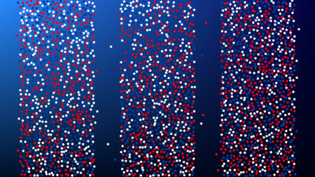 Colours of American Flag. USA Independence Day.  Red, Blue and White Stars on Blue Gradient Background. Abstract Background with Many Random Falling Stars Confetti on Blue Background.のイラスト素材