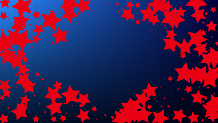 Colors of American Flag. USA Independence Day.  Red, Blue and White Stars on Blue Gradient Background. Abstract Background with Many Random Falling Stars Confetti on Blue Background.のイラスト素材