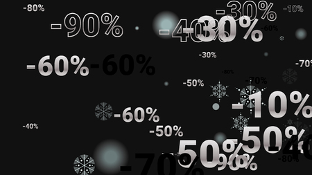 Percent Sings on Dark Background. Black Poster with Silver Percent Sings and Snowflakes. Vector Discount Sale Background.のイラスト素材