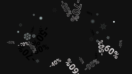 Percent Sings on Dark Background. Black Poster with Silver Percent Sings and Snowflakes. Vector Discount Sale Background.のイラスト素材