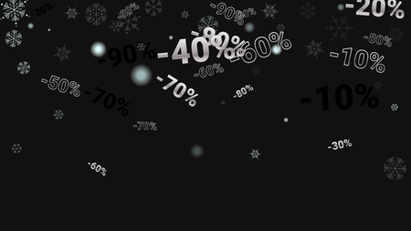 Percent Sings on Dark Background. Black Poster with Silver Percent Sings and Snowflakes. Vector Discount Sale Background.のイラスト素材
