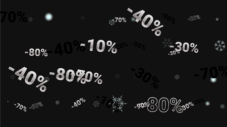 Percent Sings on Dark Background. Black Poster with Silver Percent Sings and Snowflakes. Vector Discount Sale Background.のイラスト素材