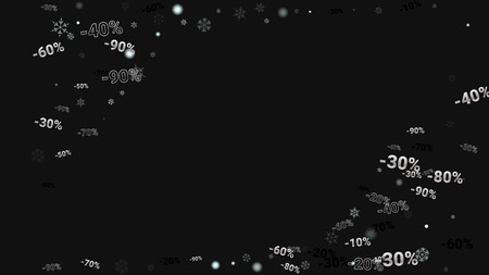 Percent Sings on Dark Background. Black Poster with Silver Percent Sings and Snowflakes. Vector Discount Sale Background.のイラスト素材