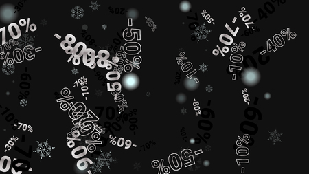 Percent Sings on Dark Background. Black Poster with Silver Percent Sings and Snowflakes. Vector Discount Sale Background.のイラスト素材