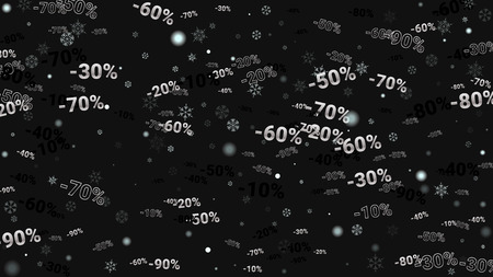 Percent Sings on Dark Background. Black Poster with Silver Percent Sings and Snowflakes. Vector Discount Sale Background.のイラスト素材