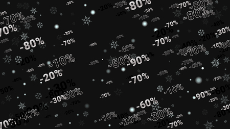 Percent Sings on Dark Background. Black Poster with Silver Percent Sings and Snowflakes. Vector Discount Sale Background.のイラスト素材