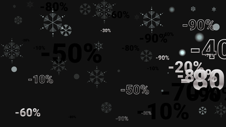 Percent Sings on Dark Background. Black Poster with Silver Percent Sings and Snowflakes. Vector Discount Sale Background.のイラスト素材