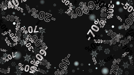 Percent Sings on Dark Background. Black Poster with Silver Percent Sings and Snowflakes. Vector Discount Sale Background.のイラスト素材