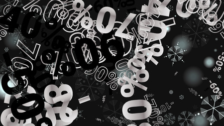 Percent Sings on Dark Background. Black Poster with Silver Percent Sings and Snowflakes. Vector...