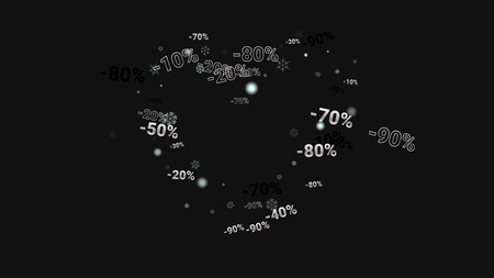 Percent Sings on Dark Background. Black Poster with Silver Percent Sings and Snowflakes. Vector Discount Sale Background.のイラスト素材