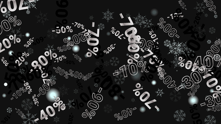Percent Sings on Dark Background. Black Poster with Silver Percent Sings and Snowflakes. Vector Discount Sale Background.のイラスト素材