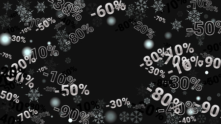 Percent Sings on Dark Background. Black Poster with Silver Percent Sings and Snowflakes. Vector Discount Sale Background.のイラスト素材