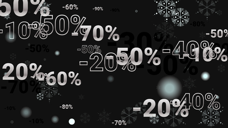 Percent Sings on Dark Background. Black Poster with Silver Percent Sings and Snowflakes. Vector Discount Sale Background.のイラスト素材