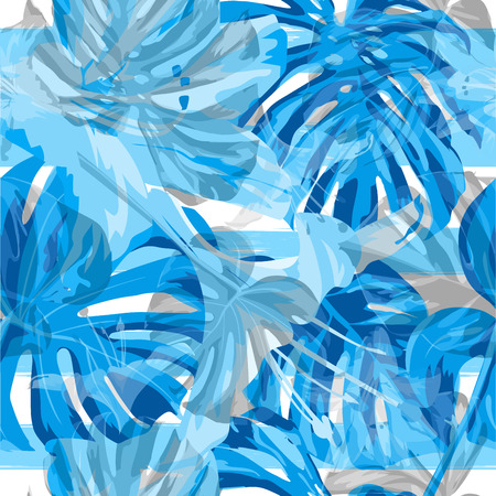 Summer Beach Background. Exotic Palm Greenery Backdrop. Summer Design for Swimwear. Repeating Illustration. Vector Summer Beach Seamless Background.のイラスト素材