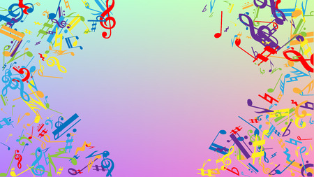Disco Background. Colorful Musical Notes Symbol Falling on Hologram Background. Many Random Falling Notes, Bass and, G Clef. Disco Vector Template with Musical Symbols.のイラスト素材
