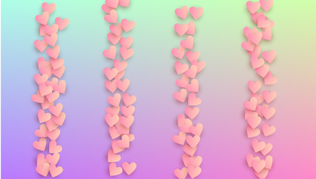 Wedding Background. Many Random Falling Pink Hearts on Hologram Backdrop. Heart Confetti Pattern. Banner Template. Vector Wedding Background.のイラスト素材