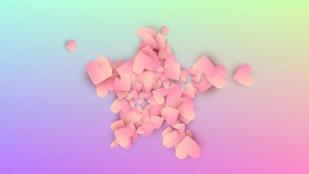 Wedding Background. Poster Template. Many Random Falling Pink Hearts on Hologram Backdrop. Heart Confetti Pattern. Vector Wedding Background.のイラスト素材