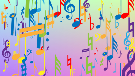 Disco Background. Many Random Falling Notes, Bass and, G Clef. Colorful Musical Notes Symbol Falling on Hologram Background. Disco Vector Template with Musical Symbols.のイラスト素材