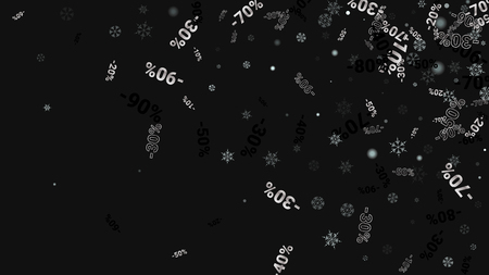 Percent Sings on Dark Background. Black Poster with Silver Percent Sings and Snowflakes. Vector Discount Sale Background.のイラスト素材