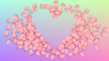 Valentine's Day Background. Banner Template. Many Random Falling Pink Hearts on Hologram Backdrop. Heart Confetti Pattern. Vector Valentine's Day Background.のイラスト素材