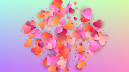 Love Background. Heart Confetti Pattern. Many Random Falling Purple Hearts on Hologram Backdrop. Card Template. Vector Love Background.のイラスト素材