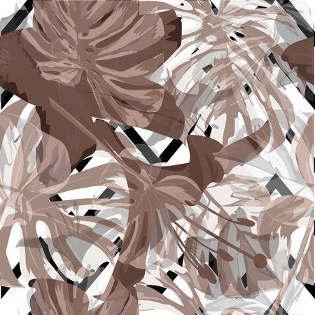 Tropical Background. Repeat Illustration. Summer Design for Swimwear. Exotic Palm Greenery Backdrop. Tropical Flowers and Leaves Background.のイラスト素材