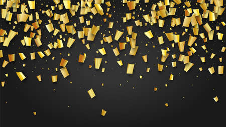 Golden Confetti Falling on Black Backdrop. Festive Pattern. Holiday Decoration Elements on Universal Background. Trendy Modern Luxury Template. Vector Background with Many Golden Confetti.のイラスト素材