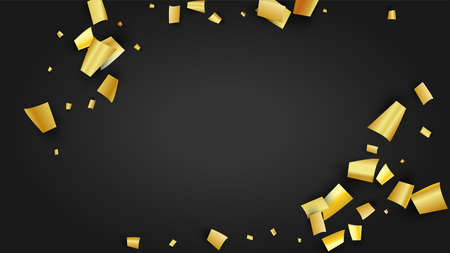 Golden Confetti Falling on Black Backdrop. Festive Pattern. Holiday Decoration Elements on Universal Background. Trendy Modern Luxury Template. Vector Background with Many Golden Confetti.のイラスト素材