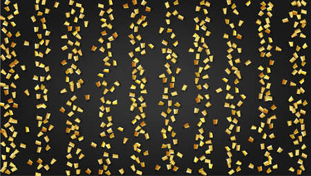 Golden Confetti Falling on Black Backdrop. Holiday Decoration Elements on Universal Background. Festive Pattern. Trendy Modern Luxury Template. Vector Background with Many Golden Confetti.のイラスト素材