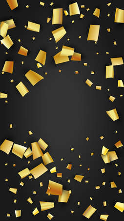 Golden Confetti Falling on Black Backdrop. Trendy Modern Luxury Template. Festive Pattern. Holiday Decoration Elements on Universal Background. Vector Background with Many Golden Confetti.のイラスト素材