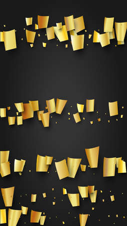 Golden Confetti Falling on Black Backdrop. Trendy Modern Luxury Template. Festive Pattern. Holiday Decoration Elements on Universal Background. Vector Background with Many Golden Confetti.のイラスト素材