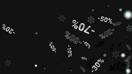 Percent Sings on Dark Background. Black Poster with Silver Percent Sings and Snowflakes. Vector Discount Sale Background.のイラスト素材