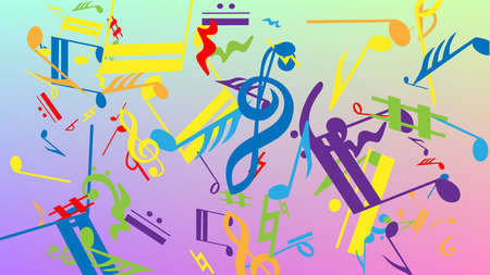 Disco Background. Colorful Musical Notes Symbol Falling on Hologram Background. Many Random Falling Notes, Bass and, G Clef. Disco Vector Template with Musical Symbols.のイラスト素材